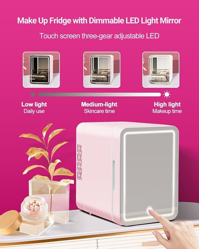 4-Liter Pink Portable Mini Fridge for Skincare Beauty Cosmetic Makeup With Mirrored Door and Dimmable LED Light