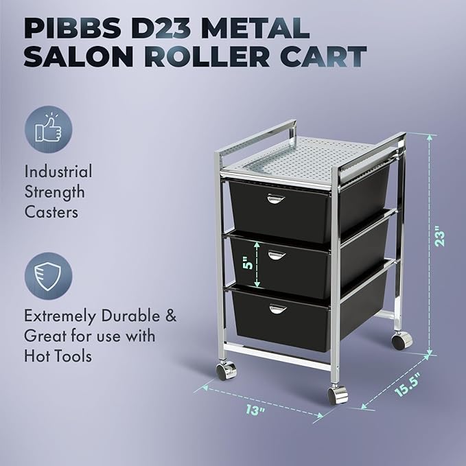 Pibbs D23 Metal Salon Roller Cart, 3 XL Removable Drawers, Heavy-Duty Utility Pedicure Cart on Wheels, European Style Design, Hot Tool Safe Work Surface