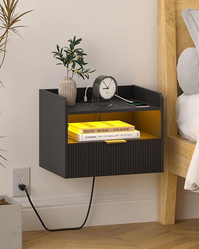 White Floating Nightstand with Charging Station and LED Lights (Black)