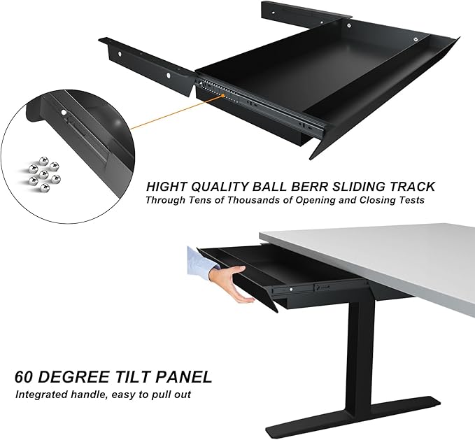 Large Under Desk Mounted Sliding Drawer with Bamboo Tray and 60 Degree Tilt Panel to Pull Out, 30'' Long & 13'' deep Large Storage Organizer for Sit Stand Workstation