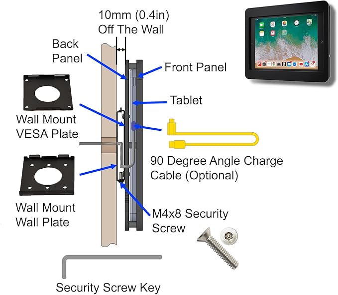 TABcare Anti-Theft Acrylic VESA Enclosure Made for Apple iPad 10 10.9" 2022, iPad 11 11" 2025 A16 with Low Profile Wall Mount Kit & 90-Degree Angle USB C Charge Cable (Black)