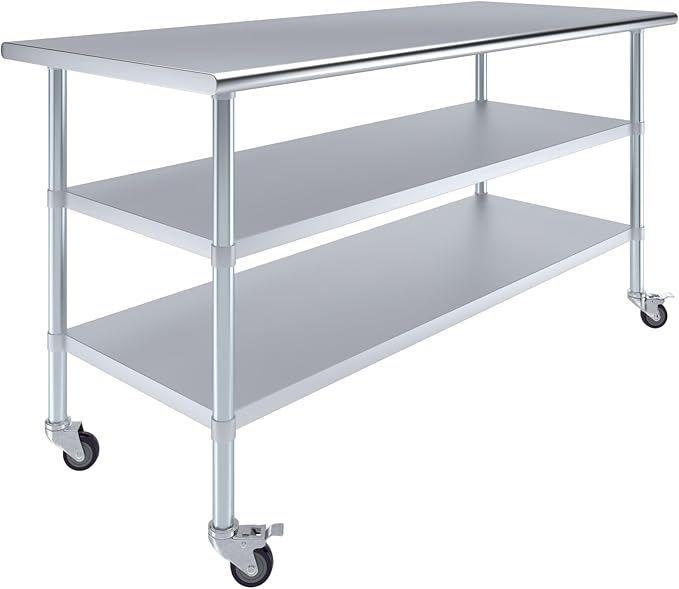 AmGood Stainless Steel Work Table with 2 Shelves and Casters | Metal Utility Table On Wheels (Stainless Steel Work Table with 2 Shelves + Casters, 72" Long x 30" Deep)