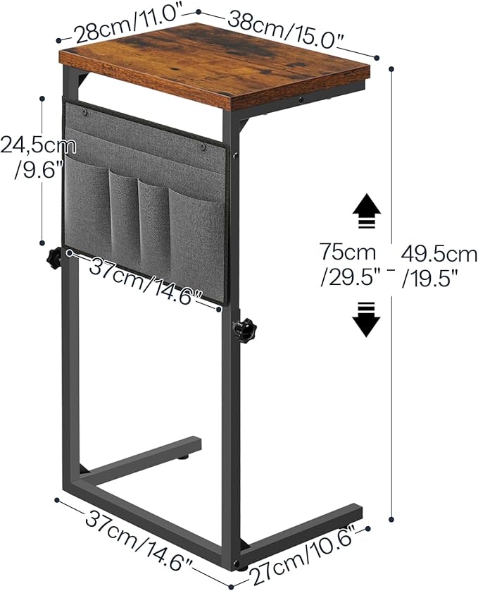 HOOBRO C Shaped End Table, 29.5’’ Adjustable Height Side Table with Storage Pockets, Couch Table Slide Under for Sofa, Small Space, for Living Room, Bedroom, Rustic Brown and Black BF77SF01