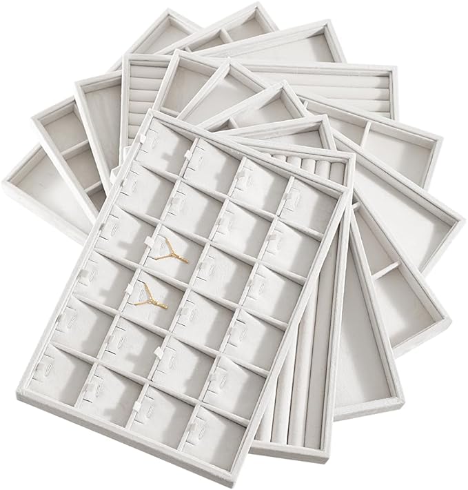 Velvet Stackable Jewelry Display Tray, 24 Grid Earring Ring Storage Tray, Drawer Divider Jewelry Accessories Organizer Plate (White)