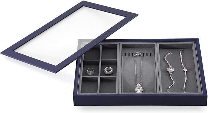 Dark Blue Jewelry Display Tray Ring Necklace Earring Bangle Organizer Multifunctional Storage Case for Jewelry Showcase (Long Necklace Tray)