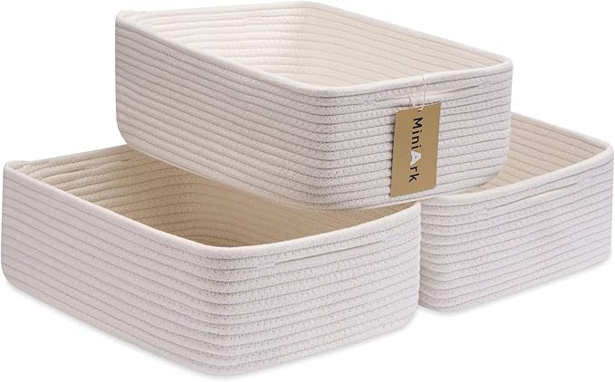 Large Shallow Organizing Baskets 15x11x5.1 Inches - Rope Woven Storage Bins for Bathroom, Shelves, Cube Closet, Off White 3 Packs