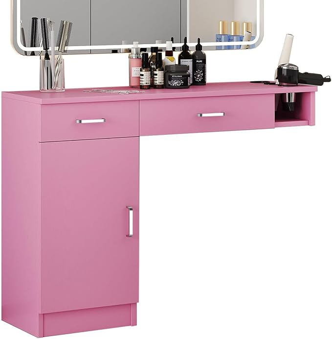 4ever2buy Salon Stations for Hair Stylist, Wall Mount Barber Station with Barber Cabinet, Hair Station Equipment Hair Dryer Holder, Drawers, Mirror not Included, Pink