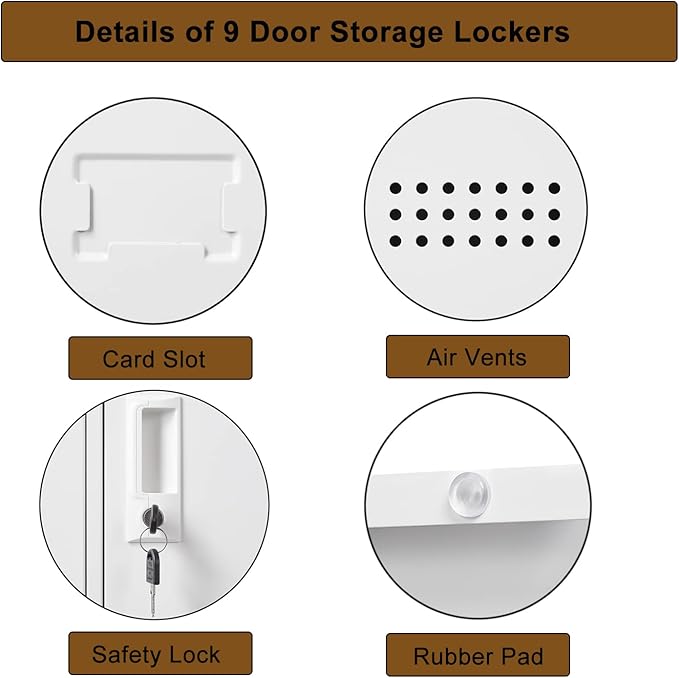 Metal Locker 9 Door Storage Cabinet, Steel Office Storage Lockers for Employees, Lockable Metal Cabinet with Lock and Ventilation, Office School Gym Garage Storage Organizer