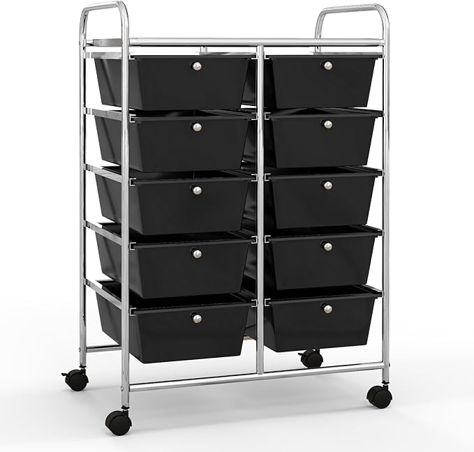 Giantex 10 Drawers Rolling Cart, Classroom Organizers, Storage Cart with Wheels, for Teacher Office Home School Supplies Tool Craft Art Paper, Black