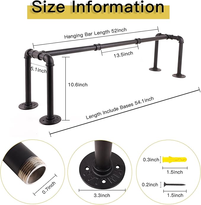 54” Wall Mounted Clothes Rack, Industrial Pipe Black Iron Garment Bar, Heavy-Duty Detachable Clothing Rod, Multi-Purpose Metal Wall display Hanging Pole for Closet Storage, Laundry Room 4 Base