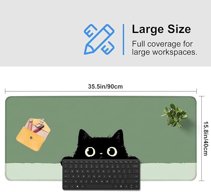 Cute Black Cat Large Mouse Pad – Extended Desk Mat 35.43 x 15.75 in – Kawaii Kitty Peeking Over Edge, Green Background, Non-Slip Rubber Base, Waterproof Keyboard & Mouse Pad for Office or Gaming