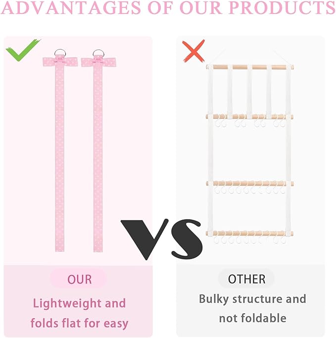 6 PCS Headband Bow Holder for Girls Hair Bows Clips Storage Bow Organizer hanger for Girls Hair Bows accessories Wall Hanging Organizer for Baby Room, Nursery Decors or Travel (Pink)