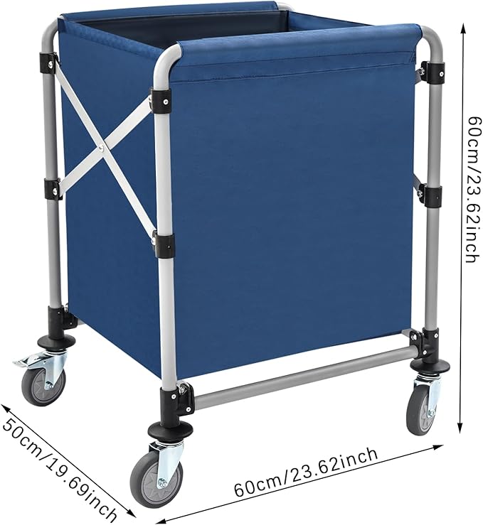 Commercial Laundry Cart with Wheels,Folding Laundry Hamper Cart,Heavy Duty Rolling Laundry Basket with Large Capacity,Laundry Sorter Trolley for Home Hotel Apartment (Blue, 23.62 * 19.69 * 23.62in)