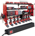 4 Layers Power Tool Organizer Wall Mount with Power Strip, Heavy Duty Metal Tool Shelf, 400lbs Capacity for Cordless Drills, Batteries & Garage Storage (8 Slots with 8 Outlets Power Strip)