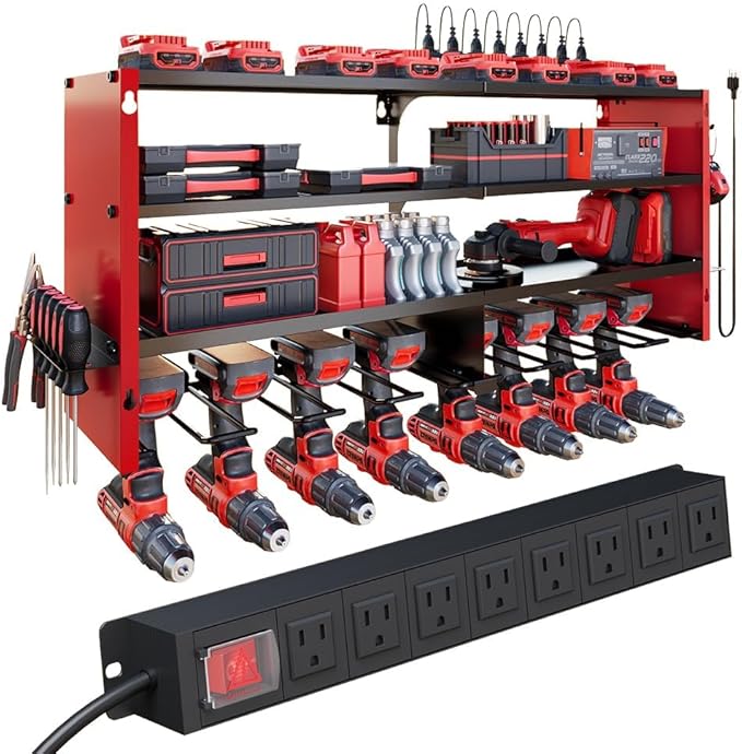 4 Layers Power Tool Organizer Wall Mount with Power Strip, Heavy Duty Metal Tool Shelf, 400lbs Capacity for Cordless Drills, Batteries & Garage Storage (8 Slots with 8 Outlets Power Strip)