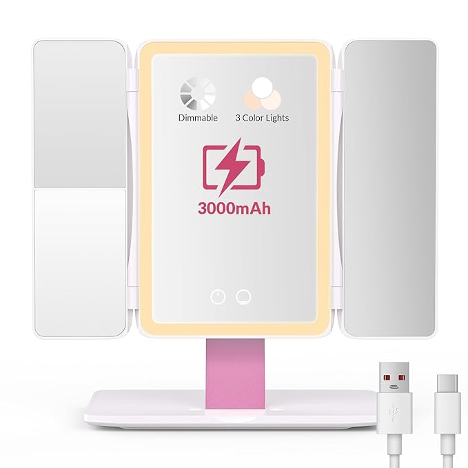 EASEHOLD Foldable Tri-Fold Lighted Makeup Vanity Mirror with 60 LED Lights, 1X/2X/3X Magnification, Touch Control Dimming, 3000mah Rechargeable, 360° Rotation, Portable Travel Folding Compact Mirror