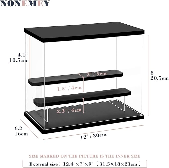 NONEMEY Clear Acrylic Display Case with Light ,3/4/5/6 Tier Multiple Color Lights via Remote Control Dustproof Display Box for Collectibles Figures Mini Toys (3Tier 12.4*7*9inch)