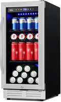 15 Inch Beverage Refrigerator and Cooler - 125Cans Capacity Mini Beer Drink Fridge with Glass Door and Lock Under Counter Built-in or Freestanding - for Soda, Beer, Wine - for Home Bar Kitchen