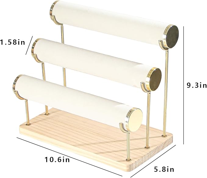 Coward Bracelet Holder Stand Rack, Removable Bracelet Display Organizer, T-Bar Wood Base Bangle Watch Scrunchies Jewelry Storage Towers for Home Desk or Shop Selling (3 Layer)