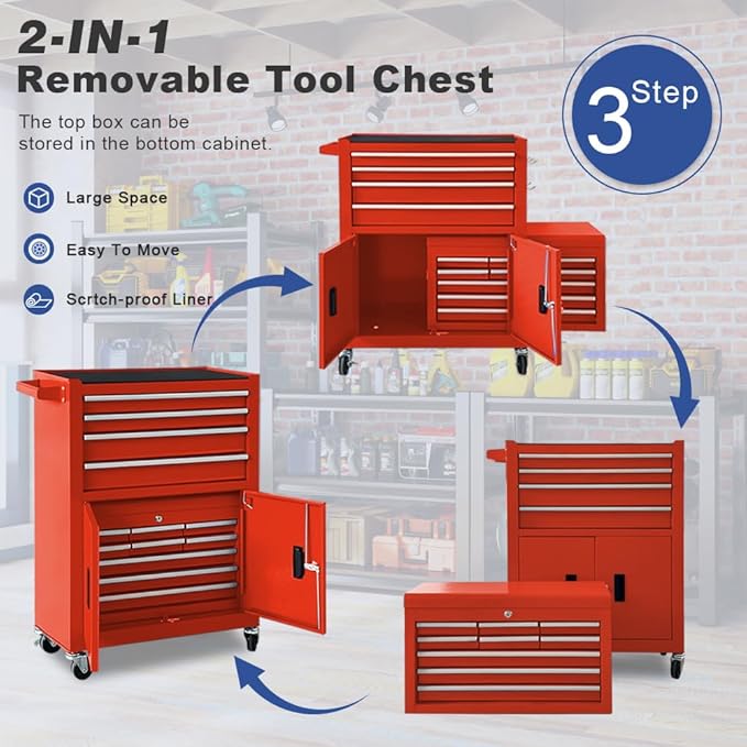 Tool Chest 13-Drawer with Double Door Handle,2 in 1 Detachable Rolling Tool Chests with Wheels and Drawers,Large Tool Box with Lock for Warehouse,Garage (Red)