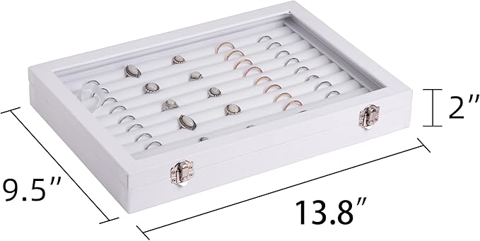 Frebeauty Rings/Earrings Organizer Tray with Clear Lid 10 Slots Velvet Drawer Insert Jewelry Storage box Transparent Glass lid Jewelry Display Case Showcase Gift for Girls Women (White, 10 Slots)