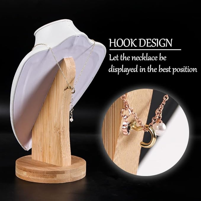 Coward 3D PU Leather Necklace Display Holder Bamboo Chain Jewelry Organizer Model Bust Stand (White pu, 11.4")