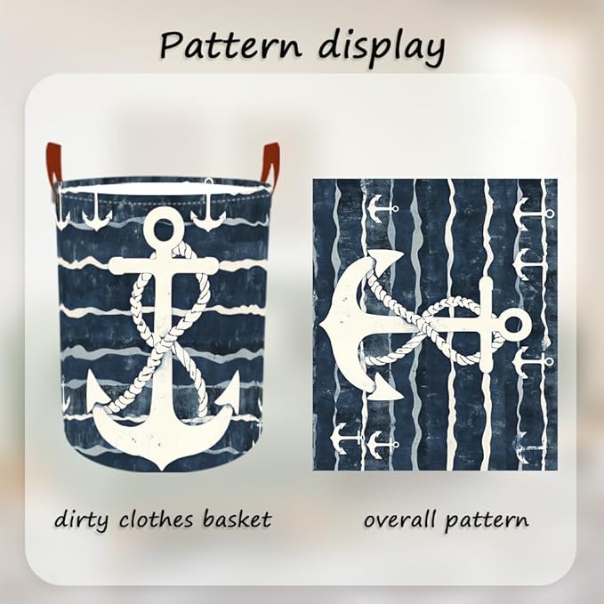 Laundry Baskets 15.7x19.7 Inch Large Nautical Anchor Design Collapsible Laundry Hamper with Handles Oxford Fabric Clothes Storage Bin Foldable Dirty Clothes Organizer for Bedroom Bathroom Dorm