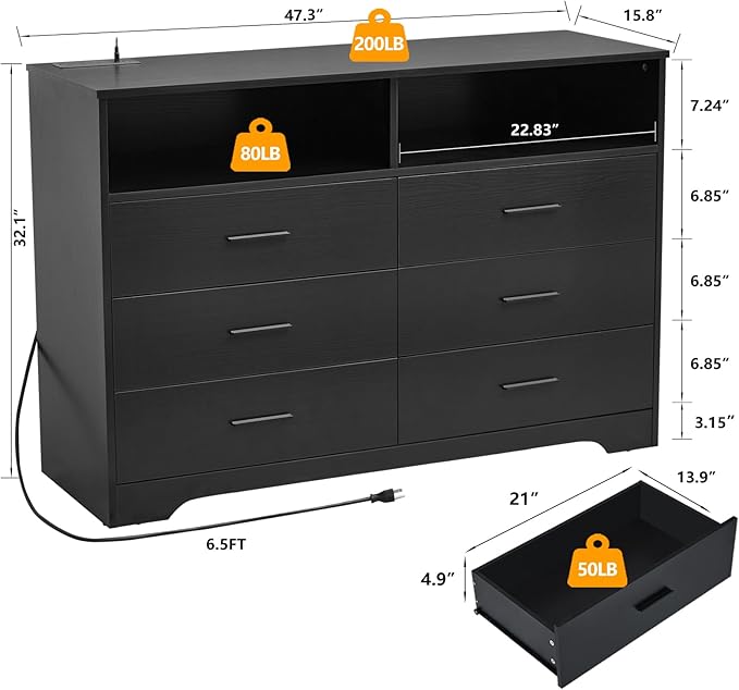 LIDYUK Dresser for Bedroom, Wood Dresser with 6 Drawers, Modern Minimalist Dressers & Chest of Drawers with Charging Station & LED Lights, 48 Inches TV Stand for Bedroom, Living Room, Black