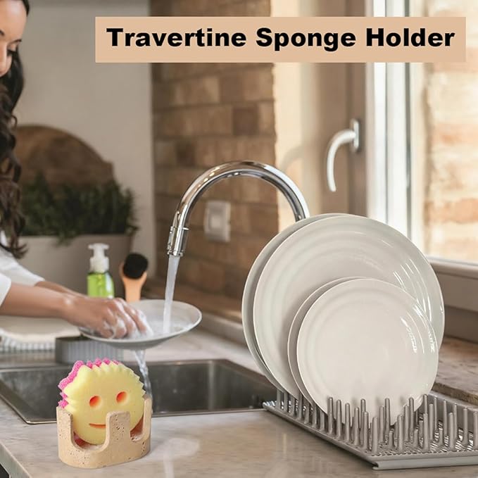 Travertine Sponge Holder, Dual-Slots Natural Stone Sink Organizer with Raised Edge to Catch Drips,Keeps Sponges Dry & Countertop Clean, Heavy & Stable with Anti-Slip Base, Organic Kitchen Decor,Beige