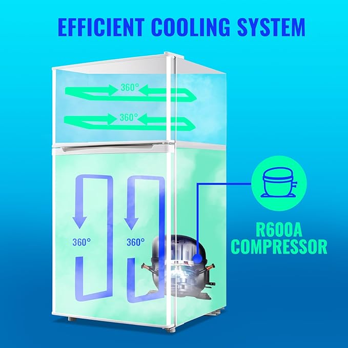 Mini Refrigerator with Freezer Small Fridge Double Door Side Drink Holder Adjustable Glass Shelves, Plastic Crisper, 7 Level Temperature Control for Bedroom, Office, Apartment White