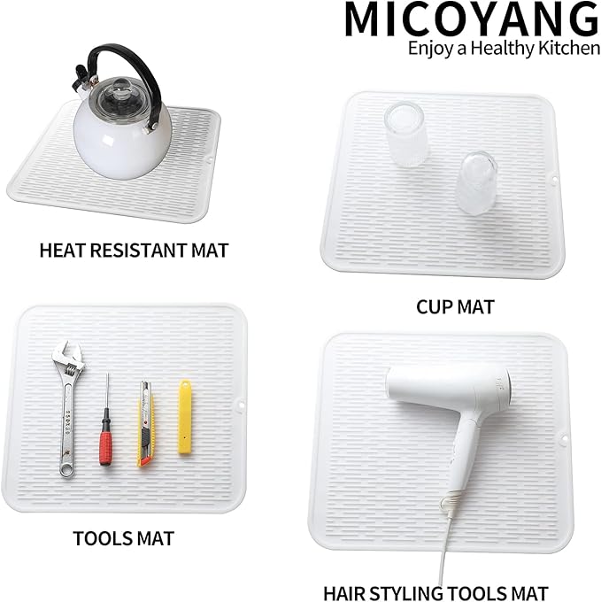 Silicone Dish Drying Mat for Multiple Usage,Easy clean,Eco-friendly,Heat-resistant Silicone Mat for Kitchen Counter or Sink,Refrigerator or Drawer Liner White XL 18 inches x 16 inches