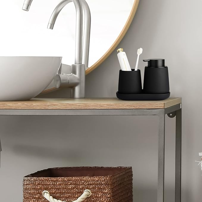 Black Bathroom Accessories Set 3 pcs - Ceramic Foaming Bathroom Soap Dispenser Set Farmhouse Black Bathroom Decor, Foam Soap Dispenser and Toothbrush Holder/Tumbler Cup, Tray