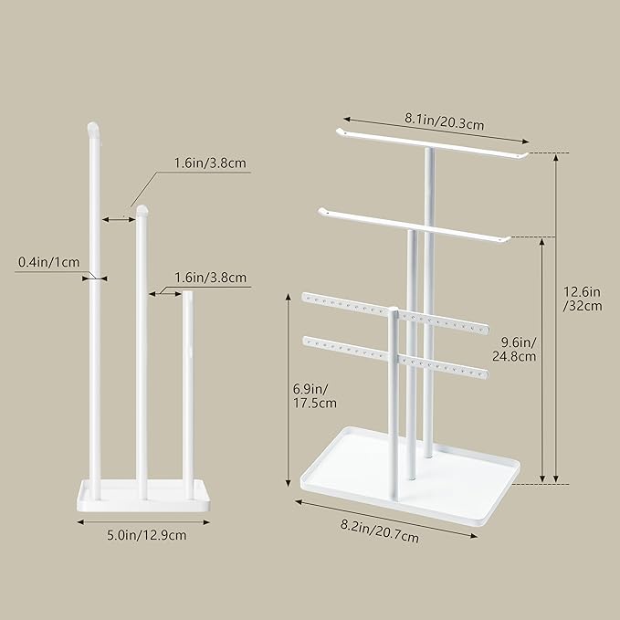 Jewelry Stand Organizer for Necklace Earring - 14.5" Sturdy Metal, 3-TierJewelry Holder for Bracelet, Ring Display and Storage, White