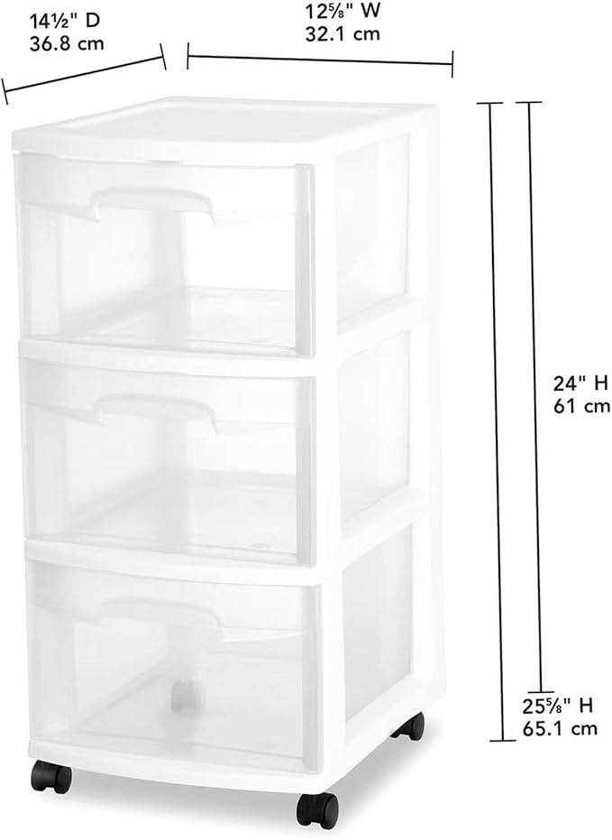 3 Drawer Rolling Plastic Storage Cart with Large Durable Clear Drawers and Removable Wheels, Suitable for Bedroom, Dormitory, Closet, Kitchen and Office (WHITE)