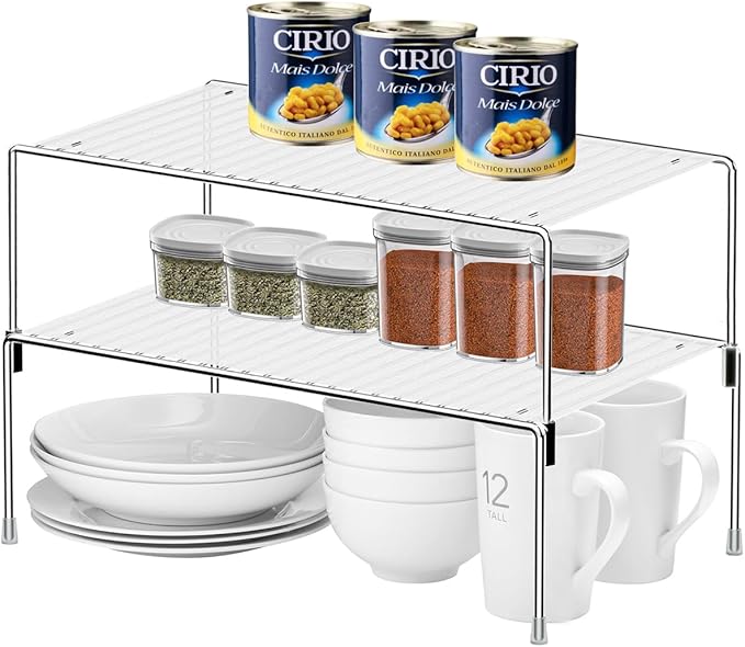 Set of 4 Kitchen Cabinet Organizer Shelves, Stackable Organizer and Storage for Cabinet Cupboard, Expandable Shelf Risers Plate Rack with Anti-Slip Plastic Liner