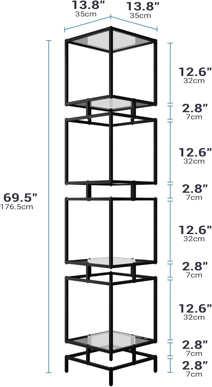4 Cube Glass Shelf, 4-Tier Bookshelf, Display Shelf Rack, Metal Storage Rack with Tempered Glass, Modern Style for Living Room, Bathroom, Kitchen, Black