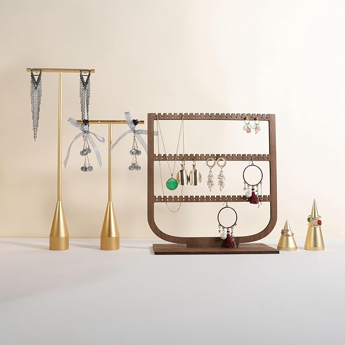 GemeShou wooden hanging jewelry organizer, walnut jewelry display holder for selling, dangle necklace storage shelf, 3 tier earring display stands for selling【Jewelry shelf-3 tier】