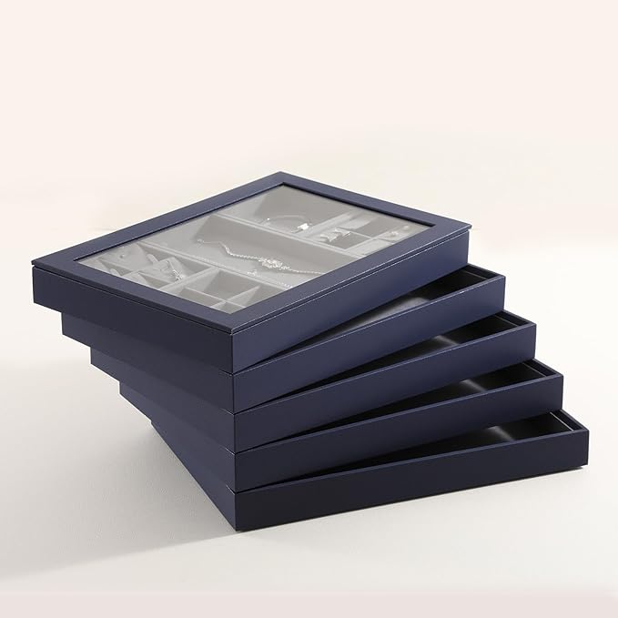 Dark Blue Jewelry Display Tray Ring Necklace Earring Bangle Organizer Multifunctional Storage Case for Jewelry Showcase (Small 4 Grids Tray)