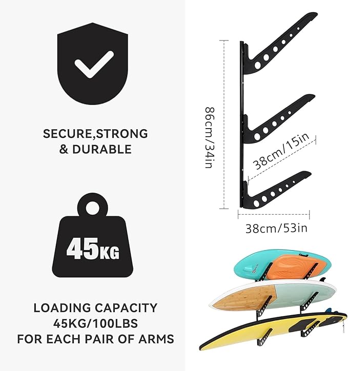 3 Board Surf Rack Wall Mount for Surfboard, Wakeboard, Snowboard Storage Adjustable Wall Hangers Boards Display