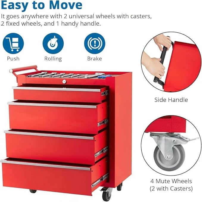 IDEALHOUSE Rolling Tool Chest, 4 Drawers Tool Storage Cabinet, Toolbox with Wheels, Portable Tool Cabinet Organizer with Locking System & Drawer Liners, Tool Storage Cart for Garage, Workshop, Red