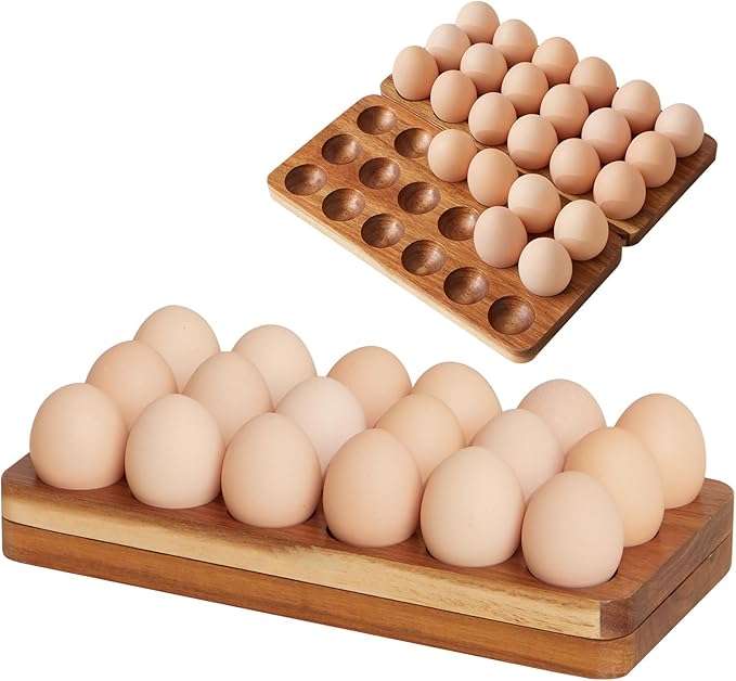 Egg Basket for Chicken Owners Egg Holder Countertop for Parents with Kids Suitable for Kitchen Counter Foldable Acacia Wood Egg Storage Stacks 36 Eggs, Egg Tray Save Counter Space for Fresh Eggs