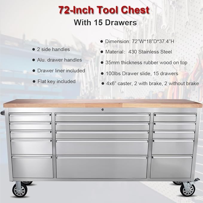 72" Stainless Steel Rolling Tool Chest with 15 Drawers, Lockable Storage Cabinet, Mobile Workbench, Assembled Large Tool Box with Wheels for Garage Workshop (1 × HTC7215W1)