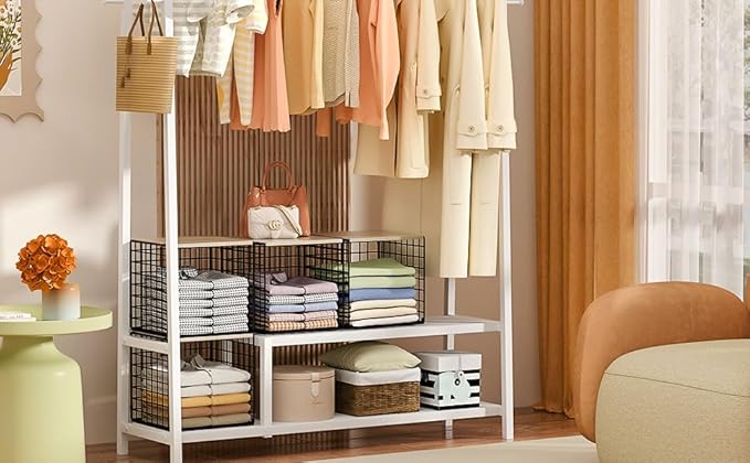 3PCS Stackable Closet Organizers and Storage, Shelves with Wood Top Extra Storage, Clothes Organizer Basket, Bin, or Tube for Wardrobe and Home Organization (Black-Sturdy Metal) Patent Pending