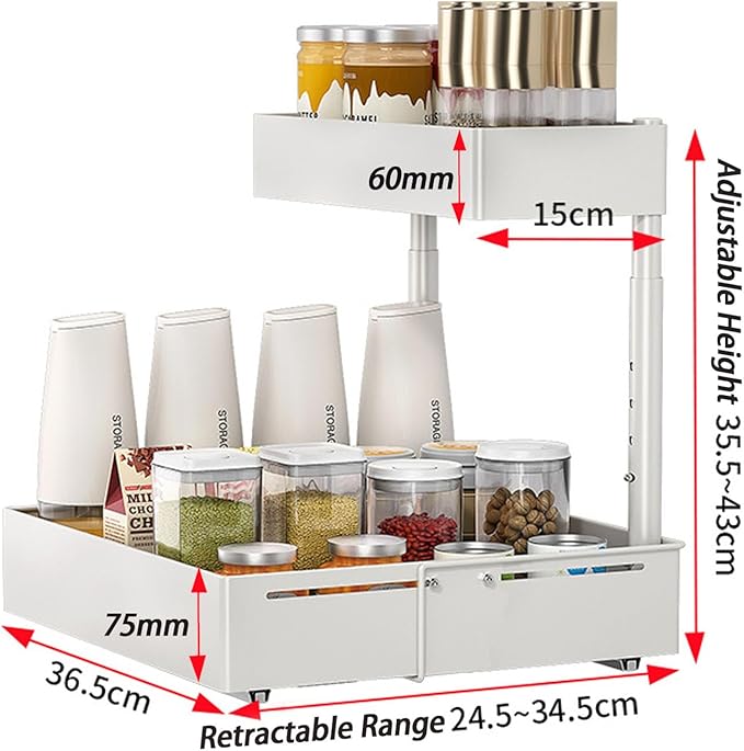 Under Sink Organiser,2 Tier Pull Out Cabinet Organiser,Height Adjustable Out Cabinet Drawer,Multi-Purpose Slide Out Storage Shelves for Home,Kitchen,Bathroom (White) (White)