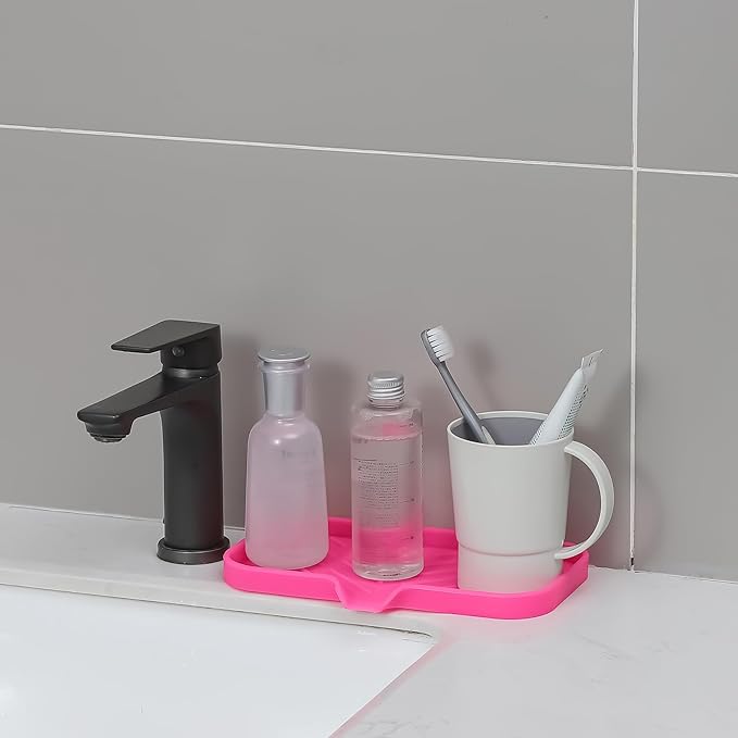 Silicone Bathroom Soap Dishes with Drain Spout-Bathroom and Kitchen Sink Organizer,Sponge Holder,Dish Soap Tray,Perfect for Dispenser,Scrubber,Bottle,Cup on Sink or Counter-Rose 9.6"×5.3"
