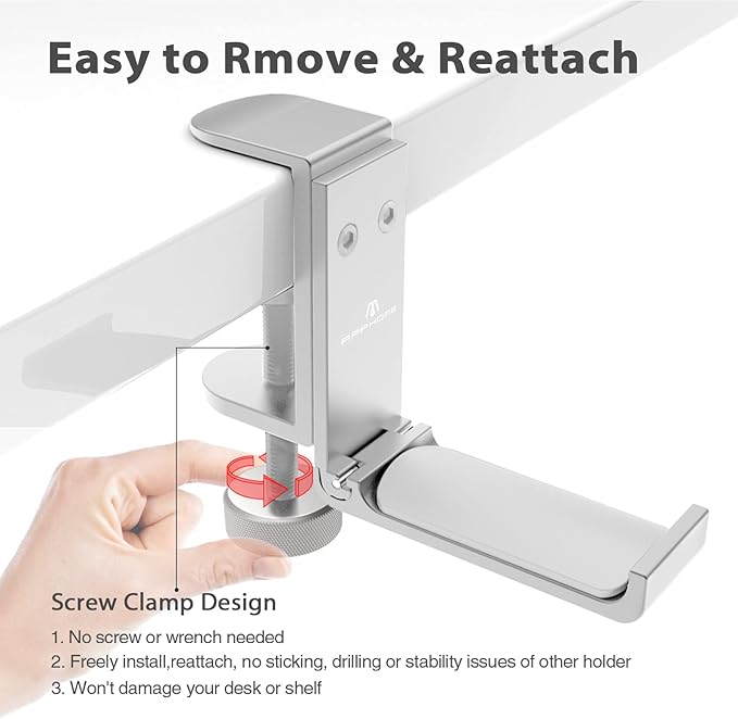 Foldable Headphone Stand and Hook – Aluminum Headset Holder Clamp Mount Under Desk, Universal Fit for Gaming Headphones, Space-Saving Hanger Organizer