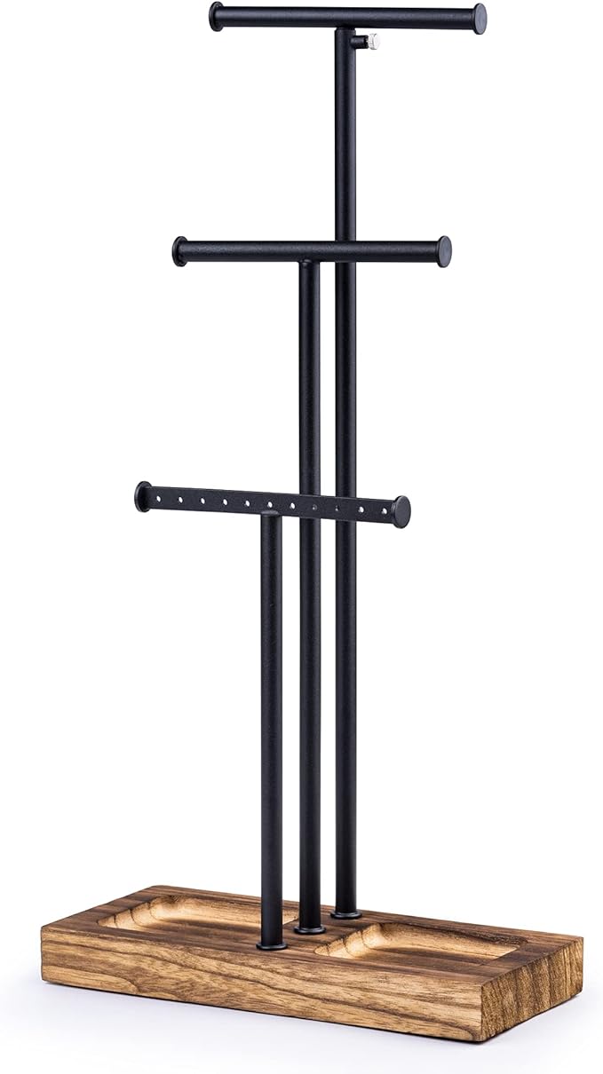Love-KANKEI Jewelry Organizer Stand Metal & Wood Base and Large Storage Necklaces Bracelets Earrings Holder Organizer Gift Black and Carbonized Black