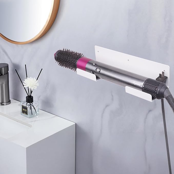 Dyson Straightener Holder, 2-Pack Stainless Steel Hair Tool Organizer, Hair Dryer Holder Wall Mount for, Adhesive Curling Iron Holder, Straightener Storage for Bathroom White BANJEKT