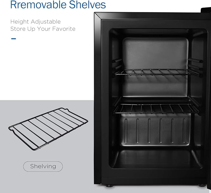 Compact Mini Freezer with LED Light 3-Layer Glass Display Door 2.1 Cu Ft with 2 Removable Shelves Quiet Upright Freezer 7 Temperature Settings Perfect for Liquor and Ice Cream