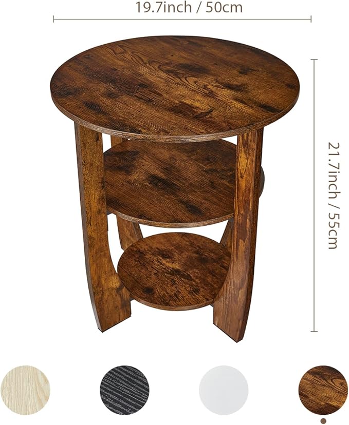 Rustic Brown Round Side Table, 3-Tier End Table with Storage Shelves, Farmhouse Nightstand for Bedroom, Small Accent Table for Living Room Sofa, 19.7" D x 21.7" H